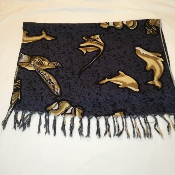 Touch of Hawaii Scarf Sea Life Print with Tassels 59" L x 21.5" W - Picture 2 of 4